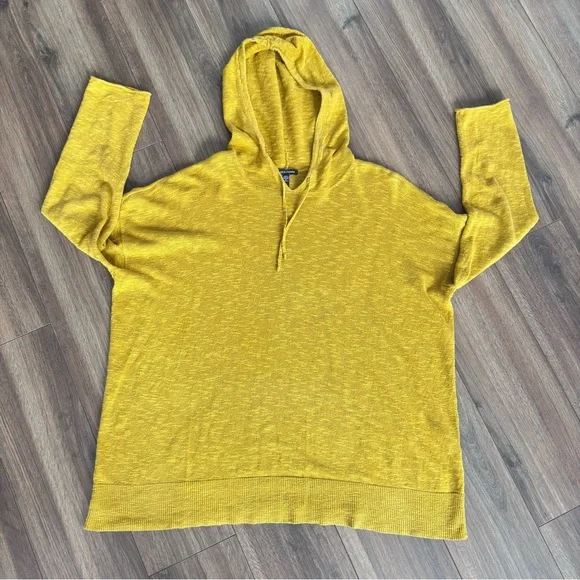 Eileen Fisher organic cotton linen slub Mustard Knit Hooded Pullover top size S - Picture 9 of 11